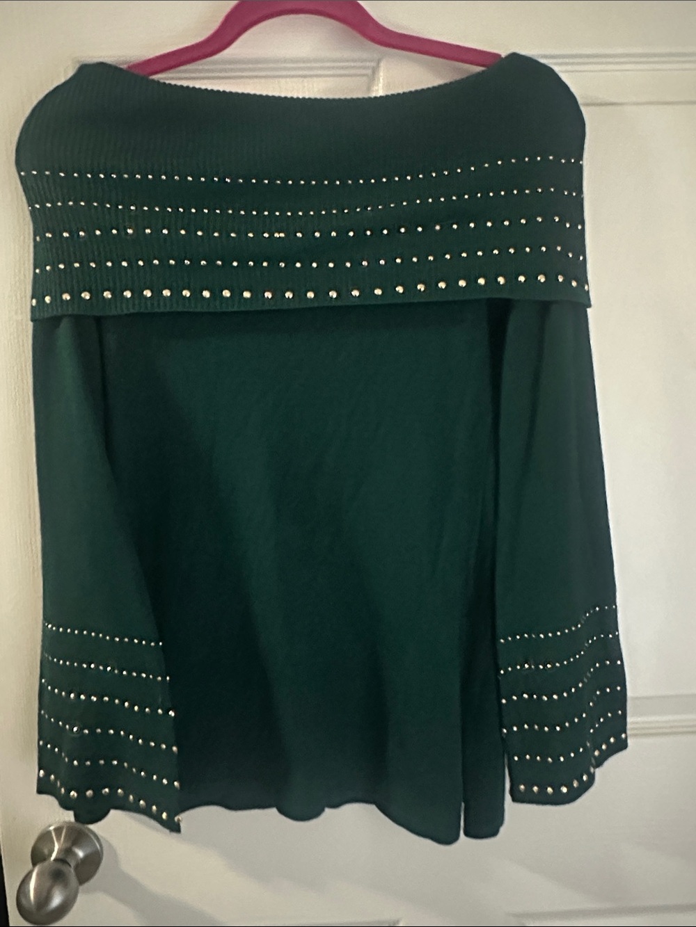 Studded Off-the-Shoulder Sweater in Deep Green